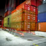 A large cargo ship in the middle of the night